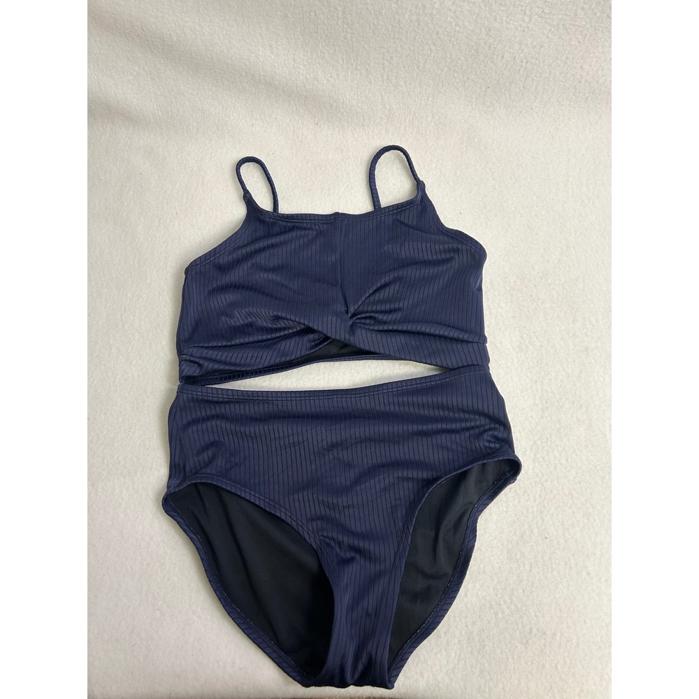 Nautical Ribbed Old Navy Girls L 10-12 Navy Blue Twist Front High Waist Swimsuit